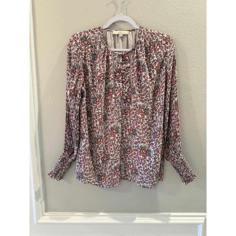 Loft Women's Pink Geometric Pattern Long Smock Cuffed Sleeve Lined Blouse Size S